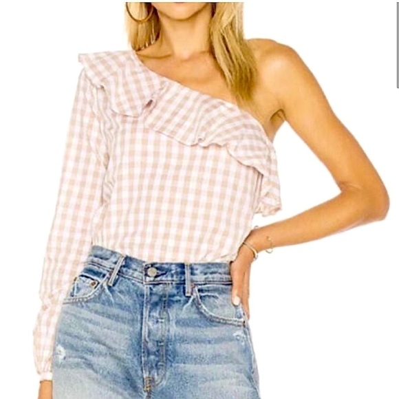 L’Academie Top S One Shoulder Gingham Plaid Checkered Cream White Ruffled Party - Picture 1 of 8